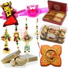 Marvellous Floral Pooja Thali Gift with Sweets Chocolate Dry Fruit Box and Rakhis