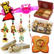 Marvellous Floral Pooja Thali Gift with Sweets Chocolate Dry Fruit Box and Rakhis