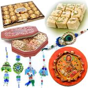 Ganesha Pooja Thali Gift with Chocolate Sweets Big Dry Fruit Box and Amazing Rakhis