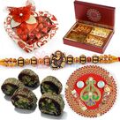 Heart Shape Chocolates with Dry Fruit Sweets Rakhi Thali and Rakhis to Gift on Rakhi