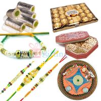 Beautiful Diamond Rakhis with Thali Sweets Chocolate and Dry Fruit Hamper
