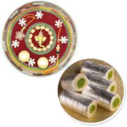 Fresh Kaju Roll Sweets and Designer Ganesha Rakhi Thali Hamper