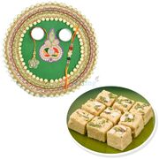 Designer Moti Booti Designer Rakhi Thali and Soan Papdi Sweet