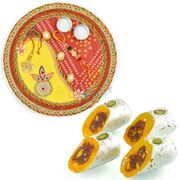 Chunri Gotta Work Rakhi Pooja Thali n Kaju Raj Bahar Hamper