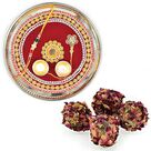 Shining Steel Rakhi Pooja Thali with Kaju Rose Laddu Hamper