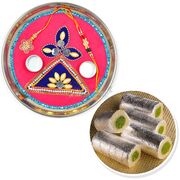Triangle Leafy Designer Steel Rakhi Thali and Kaju Roll Hamper