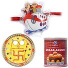 Painted Base Swastik Rakhi Thali with Gulab Jamun and Kids Rakhi