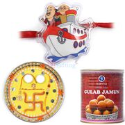 Painted Base Swastik Rakhi Thali with Gulab Jamun and Kids Rakhi