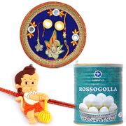 Designer Rakhi Thali with Rossogolla Pack and Kids Rakhi Hamper
