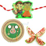 Pearl Jhoomar Rakhi Puja Thali with Kaju Tarbooj n Kids Rakhi Hamper