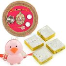Pink Jaipuri Designer Rakhi Pooja Thali Kaju Kesar Barfi with Kids Rakhi
