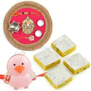 Pink Jaipuri Designer Rakhi Pooja Thali Kaju Kesar Barfi with Kids Rakhi