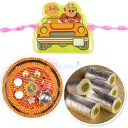 Chunri Mauli Rakhi Puja Thali with Kaju Pista Roll n Kids Rakhi Hamper