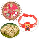 Designer Leafy Ganesha Rakhi Thali with Soan Papdi n Kids Rakhi Hamper