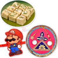 Soan Papdi Sweet Rakhi Puja Thali Hamper with Mario Kids Rakhi