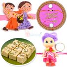 Designer Rakhi Thali with Soan Papdi and 2 Kids Rakhi Hamper