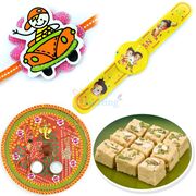 Mauli Based Golden Ganesha Rakhi Thali Baby Rakhi Soan Papdi Hamper