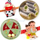 Tirangi Rakhi Pooja Thali n Kaju Roll Hamper with 2 Kids Rakhis