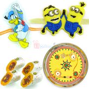 Yellow Painted Fancy Rakhi Thali n Kaju Raj Bahar Sweet Hamper with Kids Rakhis