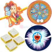 Kaju Kesar Barfi with Designer Ganesh Pooja Thali n Kids Rakhis