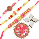 Kaju Chocolate Barfi with Rakhi Pooja Thali and 3 Fancy Rakhis Hamper