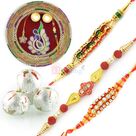 Designer Rakhi Thali with Kaju Laddu n 3 Special Rakhi Hamper