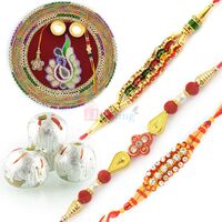 Designer Rakhi Thali with Kaju Laddu n 3 Special Rakhi Hamper