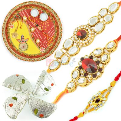 Dearest 3 Brother Rakhi with Rakhi Thali n Kaju Gujia Hamper