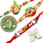 Diamond Mauli Rakhi Set with Thali n Badam Barfi Hamper