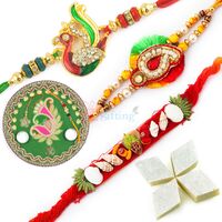 Diamond Mauli Rakhi Set with Thali n Badam Barfi Hamper