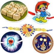 Soan Papdi Rakhi Thali Hamper with 2 Kids Rakhis n 1 Designer Brother Rakhi