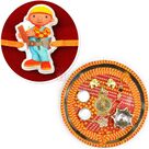 Mauli Theme Steel Rakhi Pooja Thali and Engineer Kids Rakhi Hamper