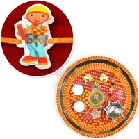 Mauli Theme Steel Rakhi Pooja Thali and Engineer Kids Rakhi Hamper