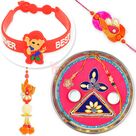 Pink n Blue Designer Rakhi Pooja Thali with BB Rakhi n Kids Rakhi Combo