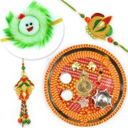 Designer Mauli Theme Rakhi Thali n Bhaiya Bhabhi Rakhi with Kids Rakhi Set