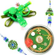 Awesome Green Theme Pair and Kids Rakhi with Rakhi Pooja Thali