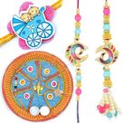 Traditional Ganesha Mauli Pooja Thali with Peacock Pair and Kids Rakhi