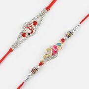 Diamond Studded Om and Colourful Peacock Rakhi Set