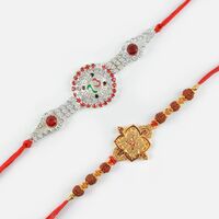 Glossy Ek Omkar and Golden Flower Petal with Rudraksha Rakhi Set