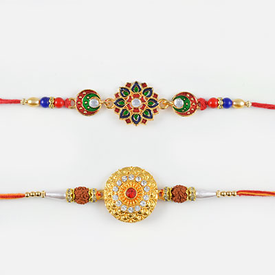 Multi-Color Floral and Golden Red Diamond with Rudraksha Rakhi Set