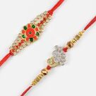 Gold-Silver Peacock and Orange-Green Traditional Rakhi Set
