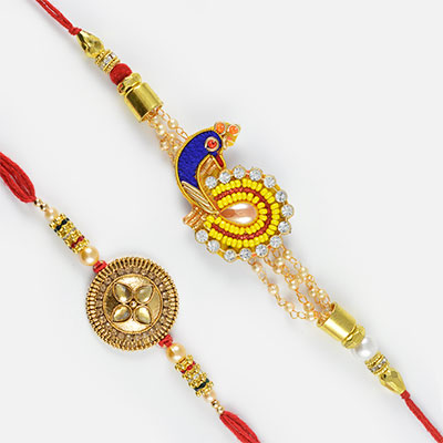 Pretty Peacock with Golden Oval Diamonds Rakhi Set