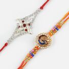 Red-Silver Diamond Studded Swastik and Beautiful Peacock Rakhi Set