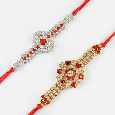 Royal Golden and Silver Rakhi Set with Red Diamonds