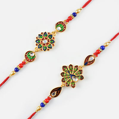 Multi-Coloured Floral and Peacock Rakhi Set of 2