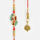 Zardozi Worked Rakhi along with Magnificient Golden Lumbai Rakhi Set of 2