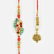 Zardozi Worked Rakhi along with Magnificient Golden Lumbai Rakhi Set of 2