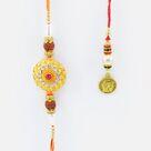 Coin Shaped Golden Studded Diamond Brother Rakhi with Pearl Lumba Rakhi
