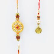 Coin Shaped Golden Studded Diamond Brother Rakhi with Pearl Lumba Rakhi