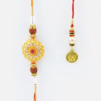 Coin Shaped Golden Studded Diamond Brother Rakhi with Pearl Lumba Rakhi